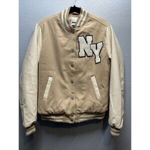 RSQ Varsity Lettermen Jacket Women Size Small Beige-Taupe With Ivory